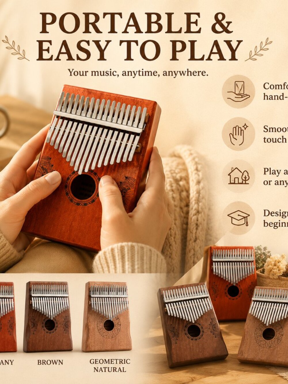 17 Key Mahogany Kalimba Lotus Design Wooden Thumb Piano Gift - Picture 8 of 10